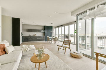 Stylish and contemporary apartment interior featuring a cozy living area, open kitchen, and ample natural light through large windows.
