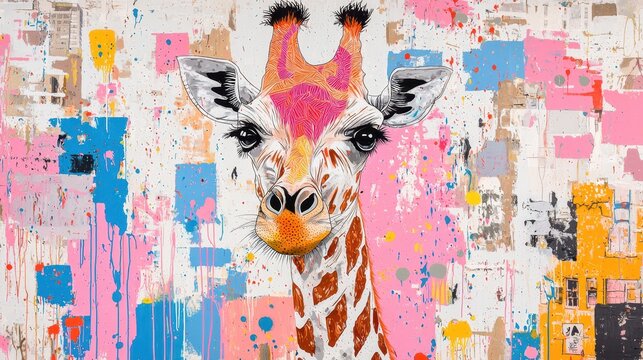 Giraffe portrait illustration set against a vibrant graffiti urban art background with paint splatters and drips.