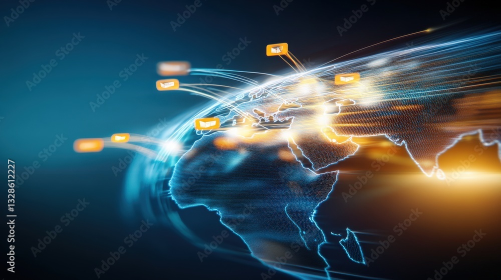 Poster global communication network expansion digital landscape data visualization virtual environment futu