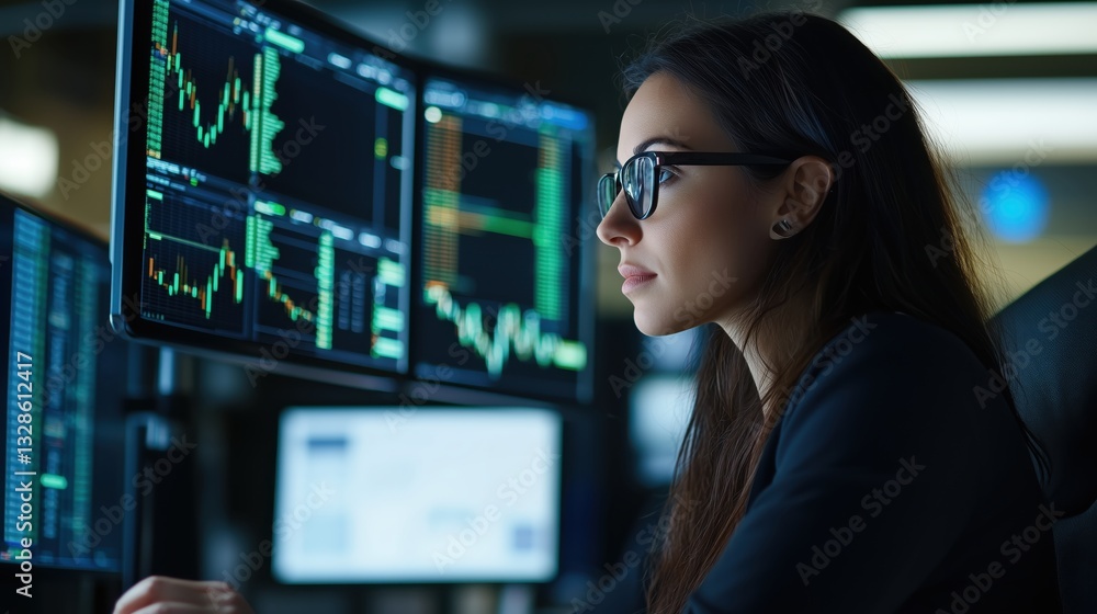 Poster young professional woman analyzing financial data on multiple screens in modern office environment w