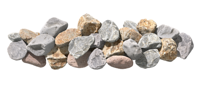 High angle view stones bulk row isolated on transparent backgrounds 3d render png
