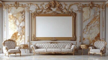Elegant off white sofa and armchairs in a luxurious room with gold detailed marble walls and a large empty ornate frame. 