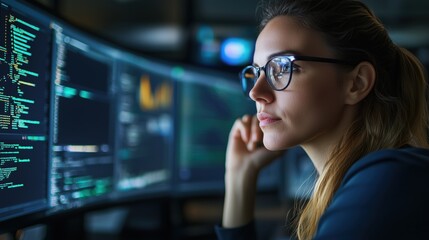 Focused young woman analyzing data codes on multiple computer monitors in a dark tech environment showcasing modern programming techniques and analytics