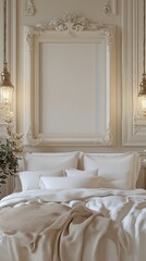 Elegant bedroom interior with white bedding, ornate frame, and soft lighting. Luxurious textures and calm atmosphere. 