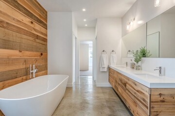 Modern bathroom with wood accent wall, freestanding tub, and double vanity.