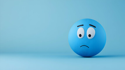 A 3D rendered blue sphere emoticon expressing worry or sadness against a light blue background