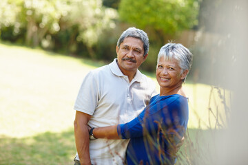 Hug, love and smile with old couple in nature for romance, bonding or support. Peace, happiness and...