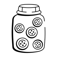 A doodle style icon of button jar filled with buttons 
