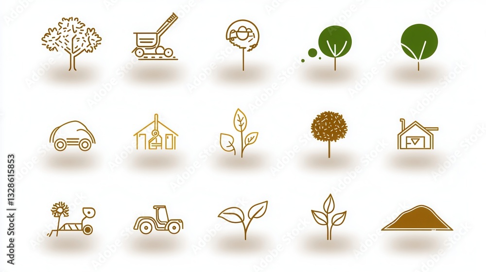 Poster this image depicts a set of 15 simple outline style icons representing various elements of soil and 