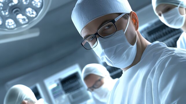 Focused Precision: A surgical team, illuminated by the bright operating room lights, intently focuses on a delicate procedure, representing the pinnacle of medical skill and expertise.