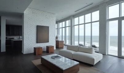 Modern beachfront living room with ocean view.