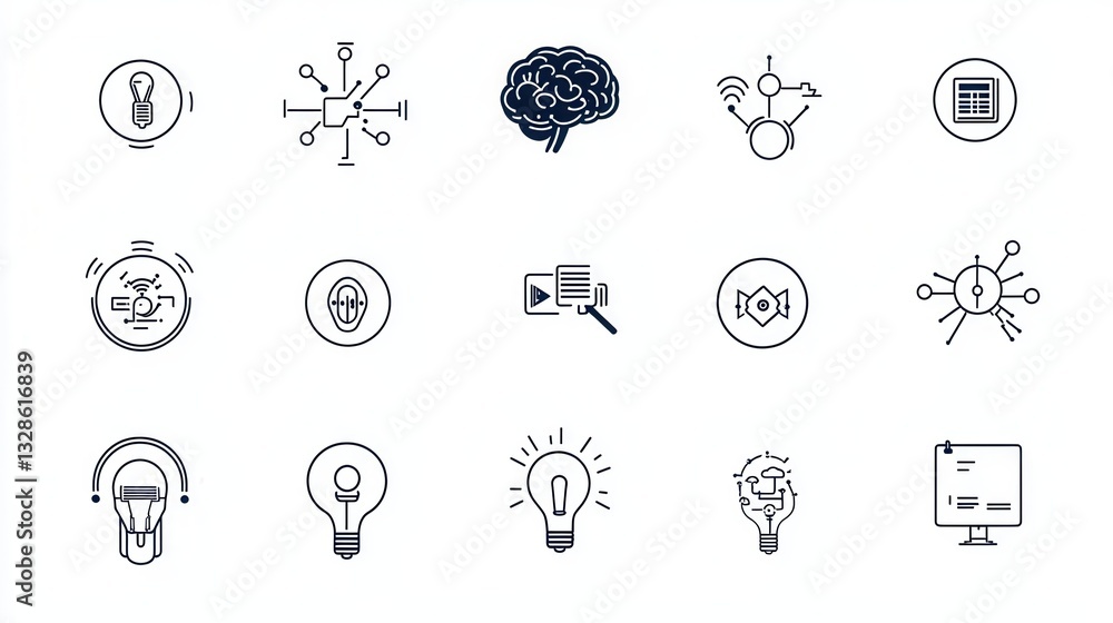 Poster a collection of 15 minimalist outline style icons representing various aspects of intelligence inclu