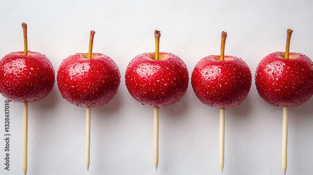 Poster five red apples on sticks arranged in a row against a white background. the apples are glossy and ap