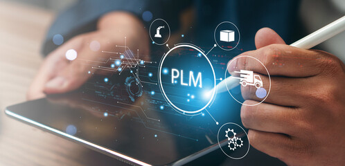 PLM Program lifecycle management application development technology concept. Hand interaction with virtual PLM interface.