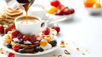 Pouring breakfast hot coffee into the cup