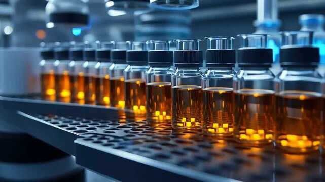 Production Line Precision: Rows of glass vials filled with a golden liquid move along an automated production line, showcasing the efficiency and precision of a modern laboratory.