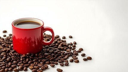 Obraz premium Red cup and roasted coffee beans on white
