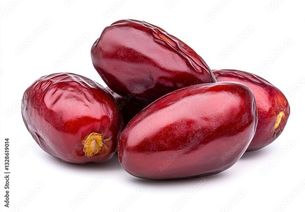 Poster close up of four ripe, dark red dates on a white background. the dates are plump and glossy, showing