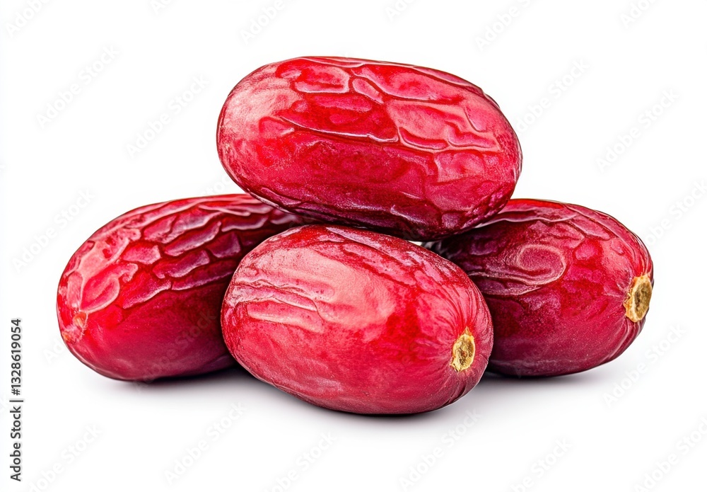 Poster four ripe red dates arranged in a small pile against a white background. the dates are glossy and pl