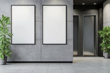 Modern interior with two blank posters and elevator doors, accented by potted plants.