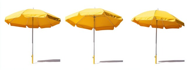 Obraz premium Three bright yellow beach umbrellas stand in contrast against a stark white background.