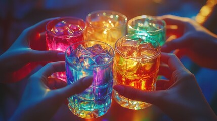 Fototapeta premium Vibrant colored cocktails in glasses with ice in a party setting