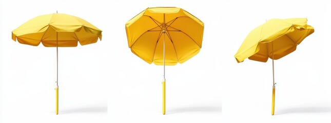 Obraz premium Three angles of a vibrant yellow beach umbrella on a white background.