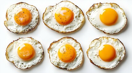 six fried eggs arranged in a grid pattern
