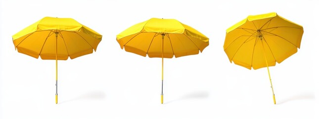 Obraz premium Three bright yellow umbrellas, set against a white background, showcase different angles and perspectives.