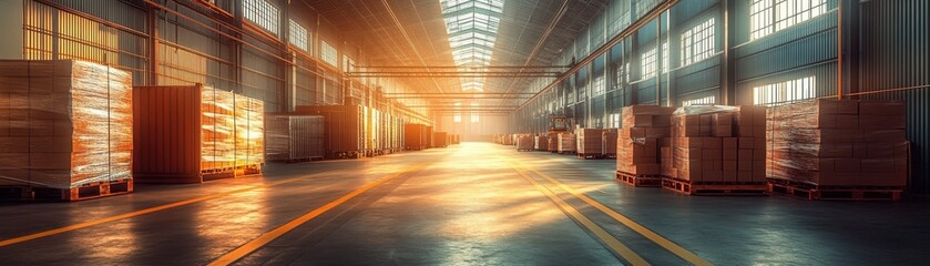 Sunlit Industrial Warehouse Interior with Shipping Containers and Pallets in a Modern Logistics Facility