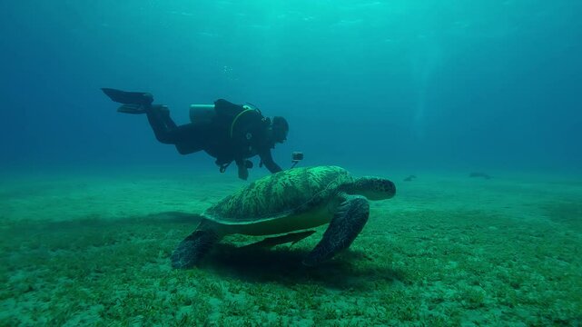 Scuba diver filming with selfie stick on action camera a Sea turtle grazes on seabed in evening light, Backlit, Slow motion of Great Green Sea Turtle, Chelonia mydas feeding on bottom at sundown