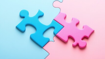 Obraz premium Interlocking pink and blue puzzle pieces on pastel background