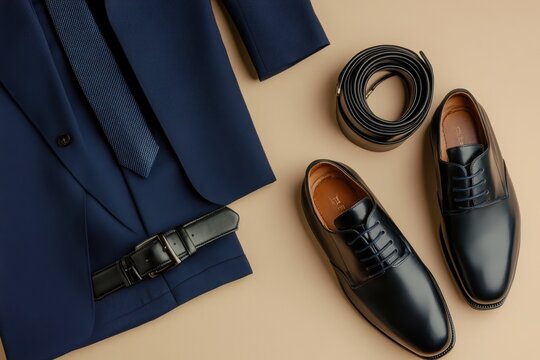 Elegant navy blue men's suit with matching leather shoes and accessories on a beige backdrop.
