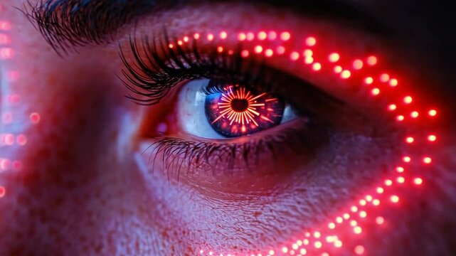 Vision of the Future: Futuristic close-up of a human eye with a vibrant, digital design integrated into the iris. The scene is enveloped by a glowing red circuit.