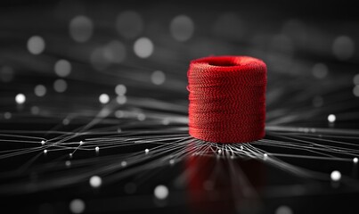 a striking red cylinder with intricate details, set against a backdrop of interconnected nodes and bokeh lights. It evokes a sense of technological advancement and data connectivity. 