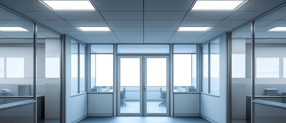 Fototapeta premium A modern office interior featuring glass walls and doors