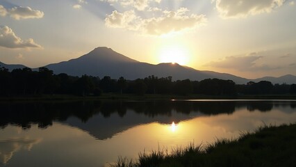 Obraz premium Natural scenery with mountains and lake at sunrise