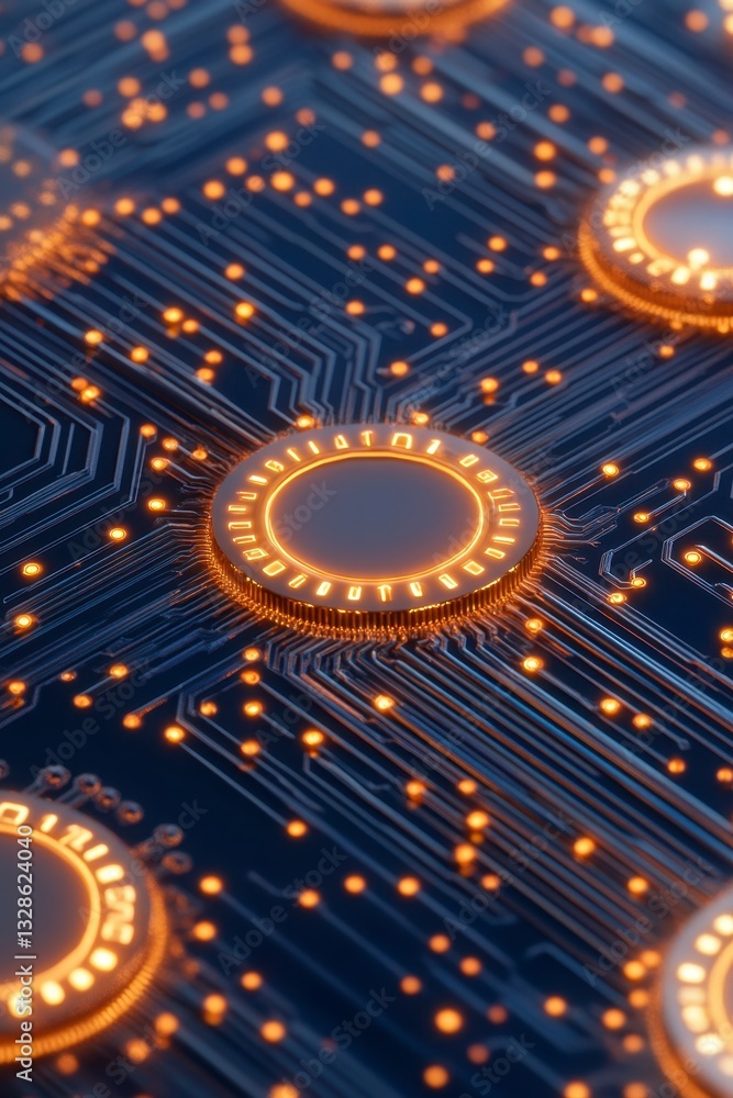 Poster abstract image of glowing orange digital coins on a dark blue circuit board. the central coin is in 