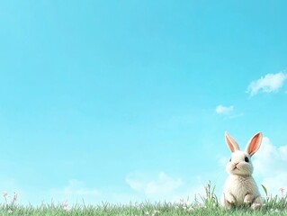 Fluffy white bunny in a meadow under a bright blue sky