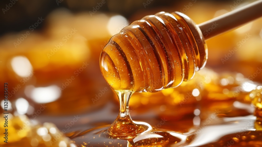 Poster golden honey dripping from a wooden honey dipper onto a pool of honey. close up view with shallow de