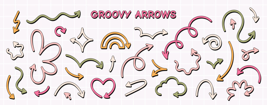 Set of cute various colorful arrows in cartoon groovy style. Vector curvy and wavy arrows.