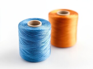 Close-up of blue and orange thread spools on a white background.