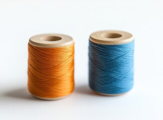 Two spools of thread in vibrant orange and blue on a white background.
