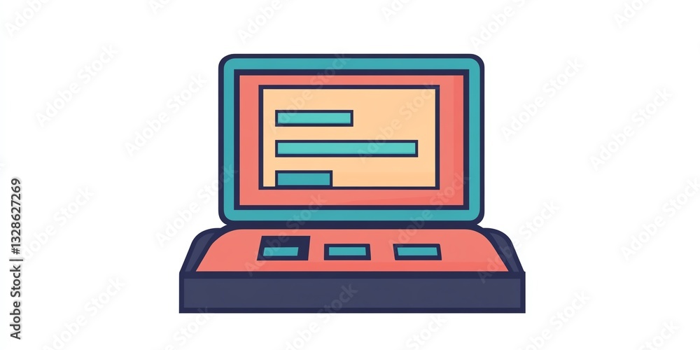 Poster colorful laptop illustration showing screen with text and buttons in a modern design setting