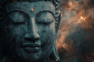 The face of the great Buddha is blended into the universe. The background is clouds, stars and galaxies.