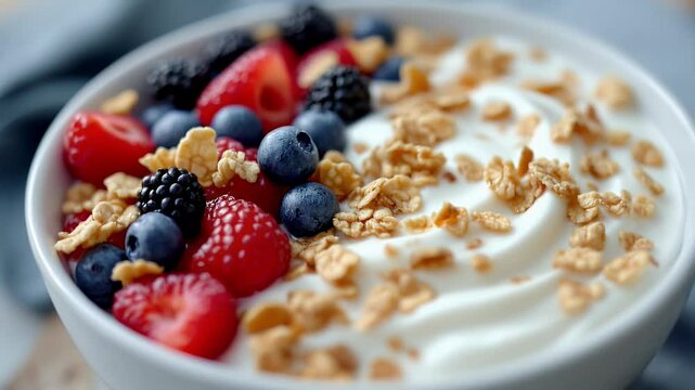 A tempting close-up of a yogurt parfait layered with fresh berries and crunchy granola. A perfect healthy breakfast or snack.