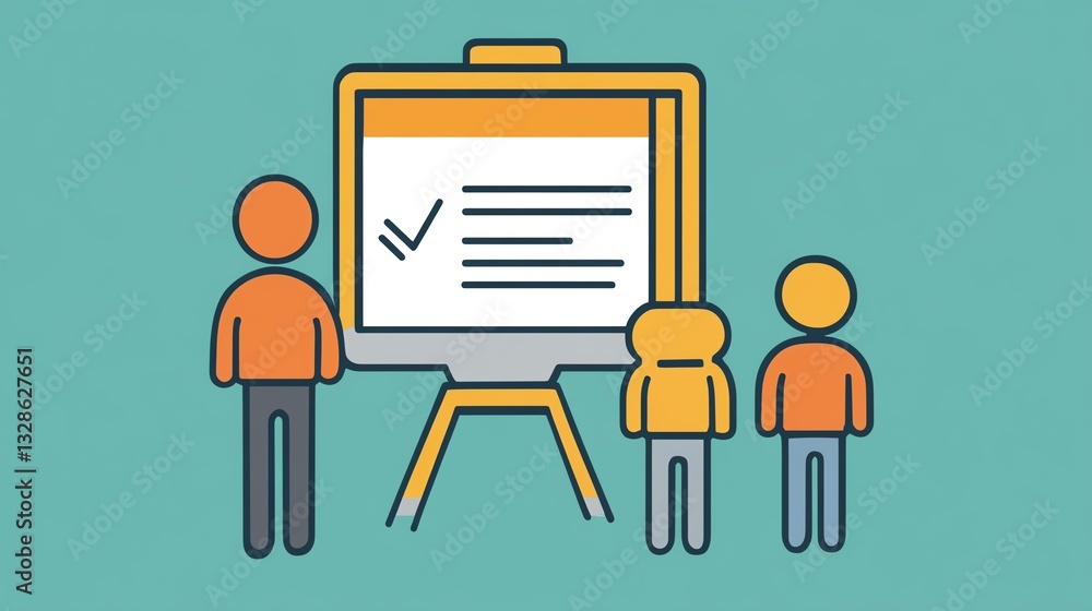 Poster people engaging in a presentation with a checklist on a screen in a professional setting during dayt