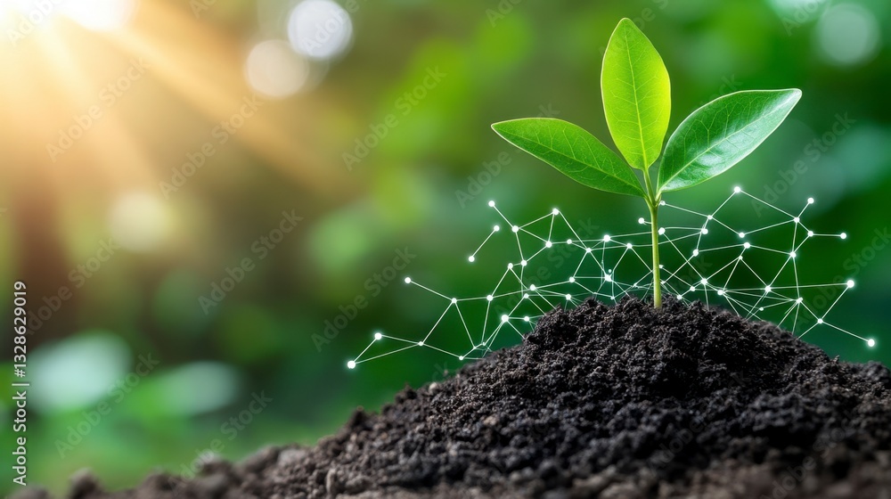 Aufkleber a small green sprout emerges from dark soil, glistening with water droplets. sunlight streams in fro