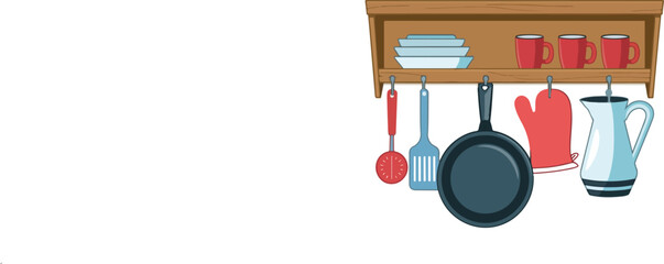 Cartoon kitchen shelf with utensil for cooking