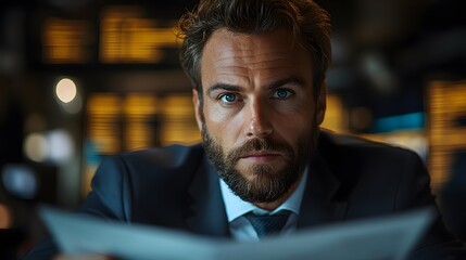 Investment banker reviewing stock market reports with a confident expression